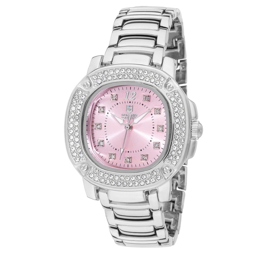 Montres Prestige Pink Dial Crystal Bezel Silver Tone Watch MPW-0191‎ New